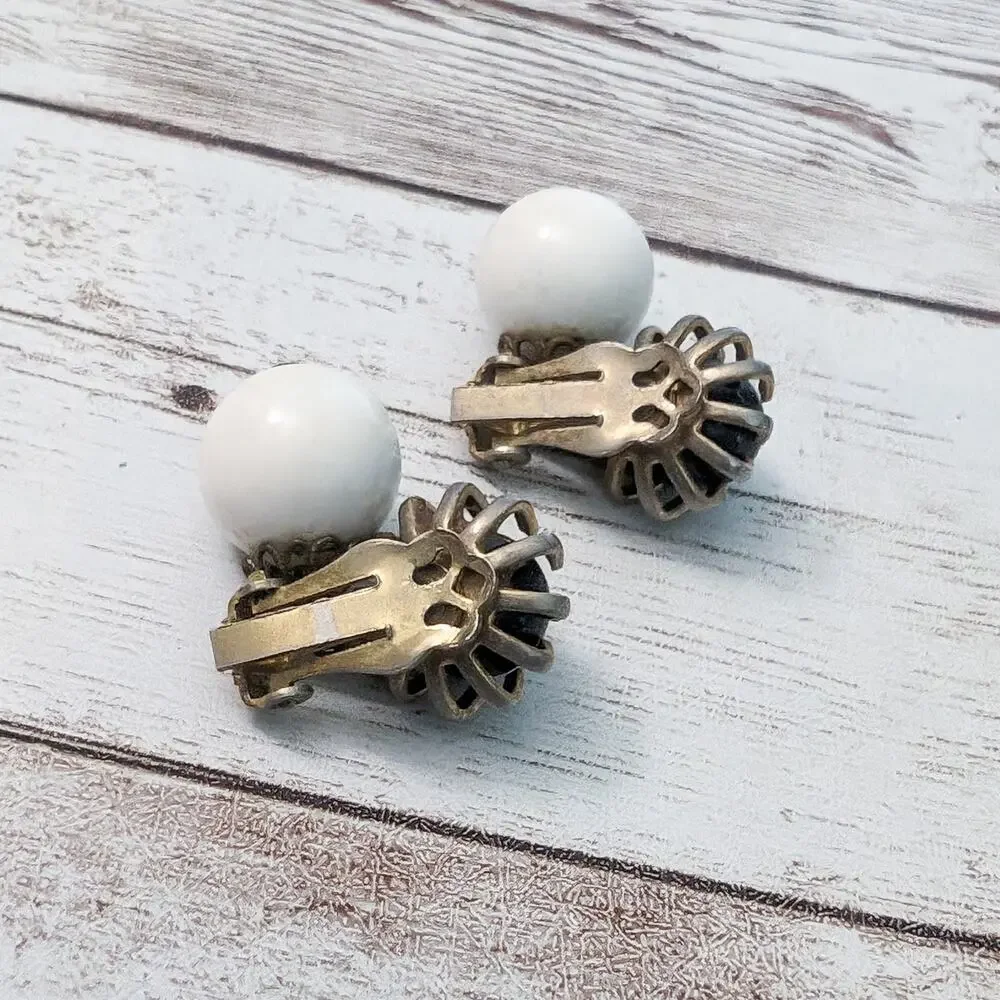 Vintage Clip On Earrings Large Chunky Black and Off White Dangle